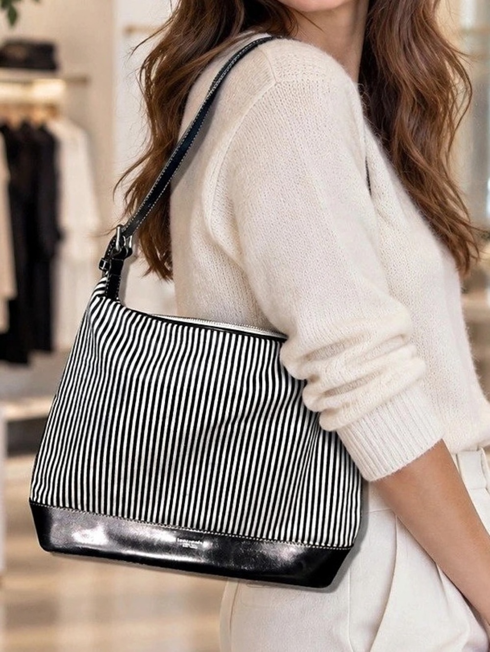kate spade new york- Black & White Striped Shoulder Bag